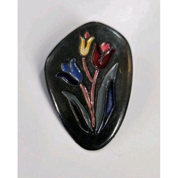 Vintage Sterling Silver Enamel Tulip Flowers Made In Israel Brooch Pin Pendant - Picture 11 of 13